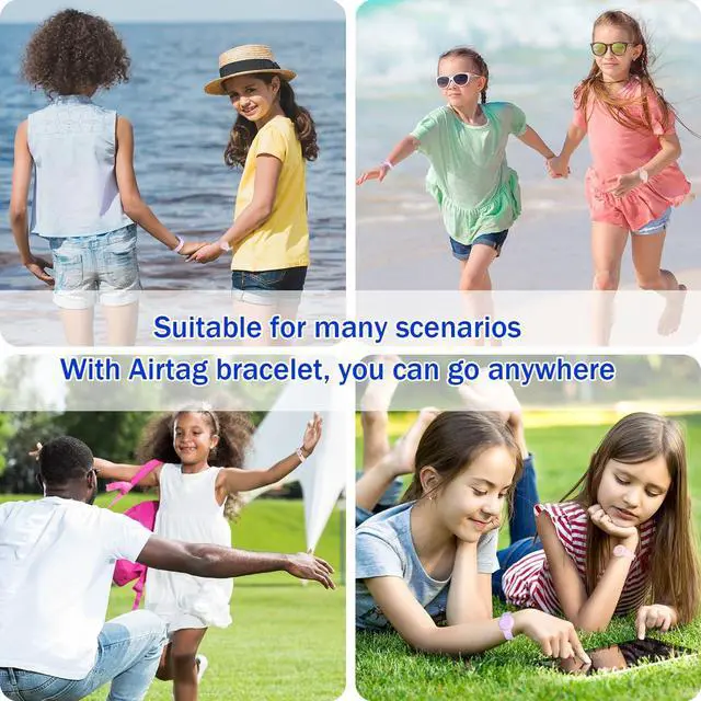 Alt view image 7 of 7 - Waterproof Air Tag Bracelets for Kids [2 Pack] Compatible with Apple Air Tag Finders with Soft Silicone,Anti Lost GPS Item Finders Case Cover for Kids Pink/Purple