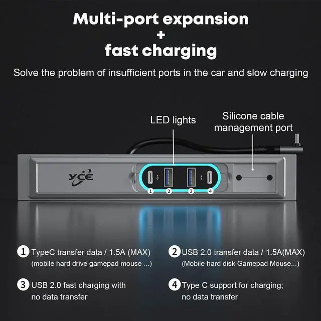 Alt view image 5 of 7 - Car USB Hub, Fast Charging USB Hub with LED Lighting, Model 3 / Modedl Y Car Docking Station with Smart Sensor, USB Hub for Car Dashboard with 27W Fast Charging for Car SUV Truck Laptop Mobile Red