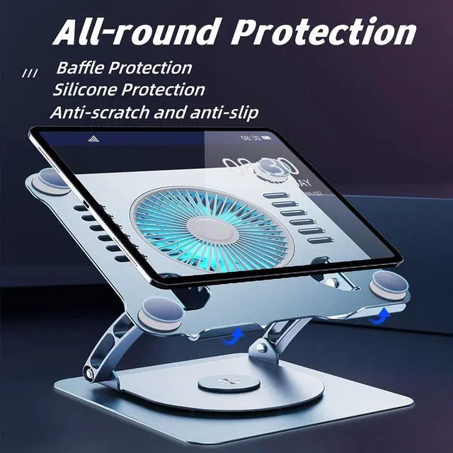 Alt view image 3 of 7 - Laptop Stand with Cooling Fan Portable Aluminum Laptop Holder with 360° Rotating Base Adjustable Ergonomic Laptop Stand Foldable Computer Stand Anti-Slip Laptop Riser For 10-17 inch Laptop Tablet