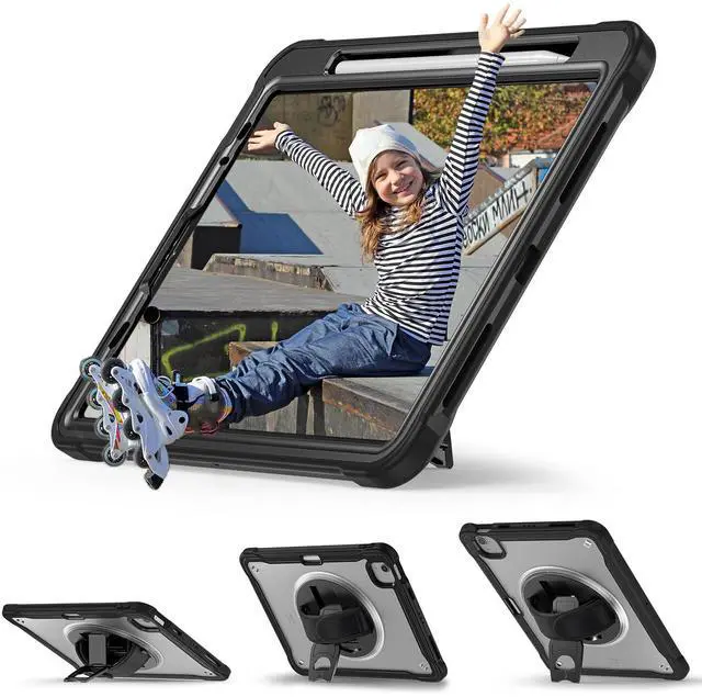 Alt view image 3 of 7 - Case For iPad Air 5th/4th Generation 10.9 Inch 2022 2020/iPad Pro 11 2022/2021/2020/2018, Shcokproof Cover with Clear Transparent Back, Pencil Holder, Rotating Stand, Hand/Shoulder Strap, Stylus Pen