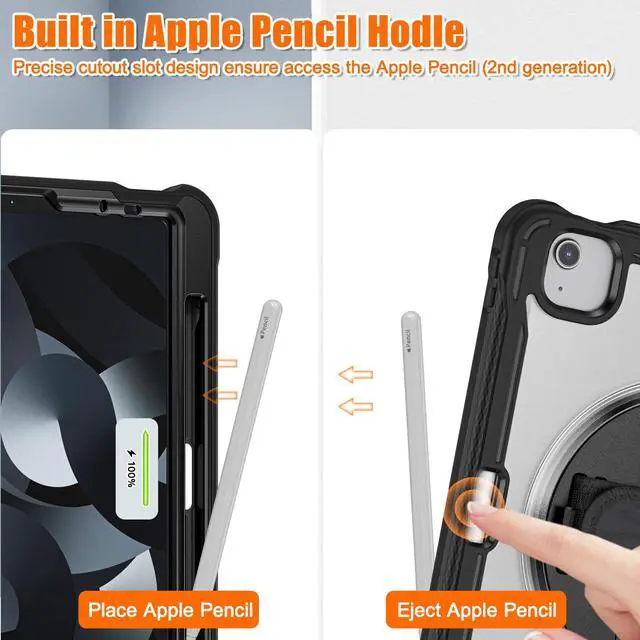 Alt view image 5 of 7 - Case For iPad Air 5th/4th Generation 10.9 Inch 2022 2020/iPad Pro 11 2022/2021/2020/2018, Shcokproof Cover with Clear Transparent Back, Pencil Holder, Rotating Stand, Hand/Shoulder Strap, Stylus Pen