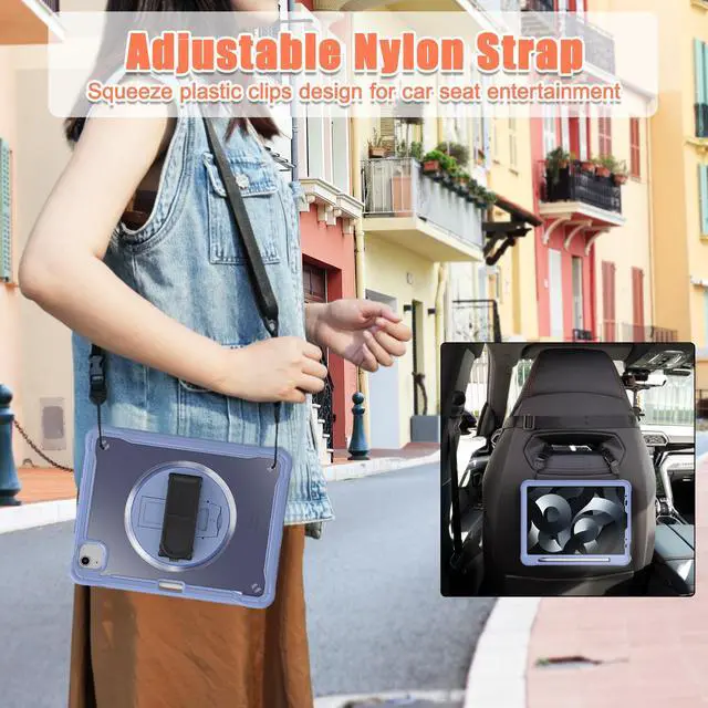 Alt view image 7 of 7 - Case For iPad Air 5th/4th Generation 10.9 Inch 2022 2020/iPad Pro 11 2022/2021/2020/2018, Shcokproof Cover with Clear Transparent Back, Pencil Holder, Rotating Stand, Hand/Shoulder Strap, Stylus Pen