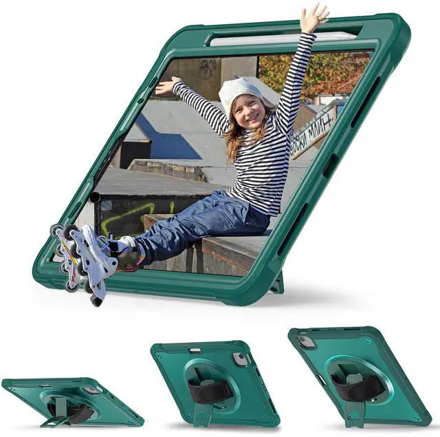 Alt view image 5 of 7 - Case For iPad Air 5th/4th Generation 10.9 Inch 2022 2020/iPad Pro 11 2022/2021/2020/2018, Shcokproof Cover with Clear Transparent Back, Pencil Holder, Rotating Stand, Hand/Shoulder Strap, Stylus Pen