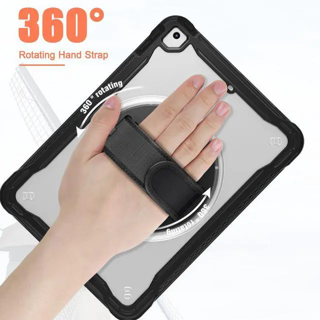 Alt view image 5 of 7 - Case For iPad 6th 5th Generation, iPad 9.7 Inch 2018 2017, iPad Air 2, iPad Pro 9.7 Shcokproof Cover with Transparent Back, Pencil Holder, Rotating Stand, Hand/Shoulder Strap, Stylus Pen