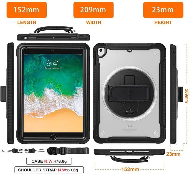 Alt view image 7 of 7 - Case For iPad 6th 5th Generation, iPad 9.7 Inch 2018 2017, iPad Air 2, iPad Pro 9.7 Shcokproof Cover with Transparent Back, Pencil Holder, Rotating Stand, Hand/Shoulder Strap, Stylus Pen