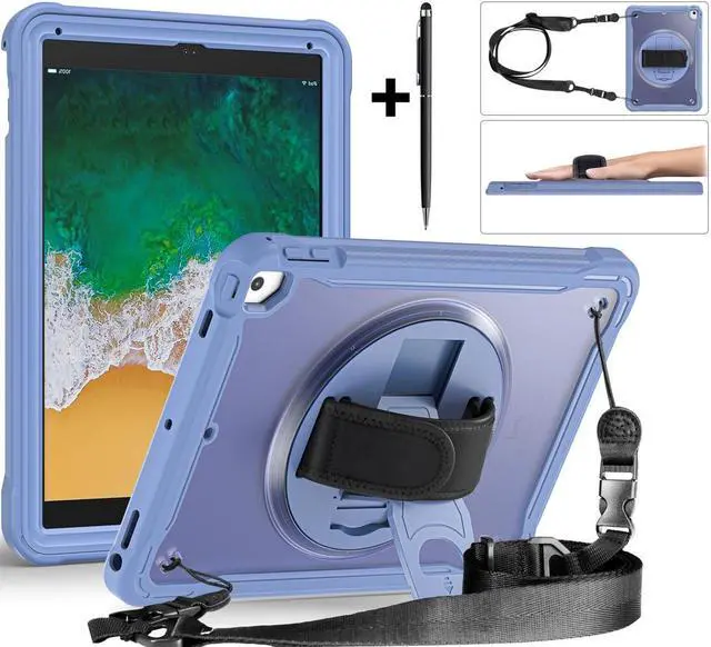 Main image of Case For iPad 6th 5th Generation, iPad 9.7 Inch 2018 2017, iPad Air 2, iPad Pro 9.7 Shcokproof Cover with Transparent Back, Pencil Holder, Rotating Stand, Hand/Shoulder Strap, Stylus Pen Lavender