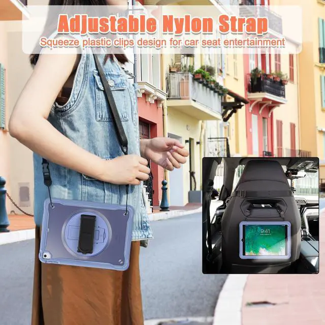 Alt view image 6 of 7 - Case For iPad 6th 5th Generation, iPad 9.7 Inch 2018 2017, iPad Air 2, iPad Pro 9.7 Shcokproof Cover with Transparent Back, Pencil Holder, Rotating Stand, Hand/Shoulder Strap, Stylus Pen Lavender