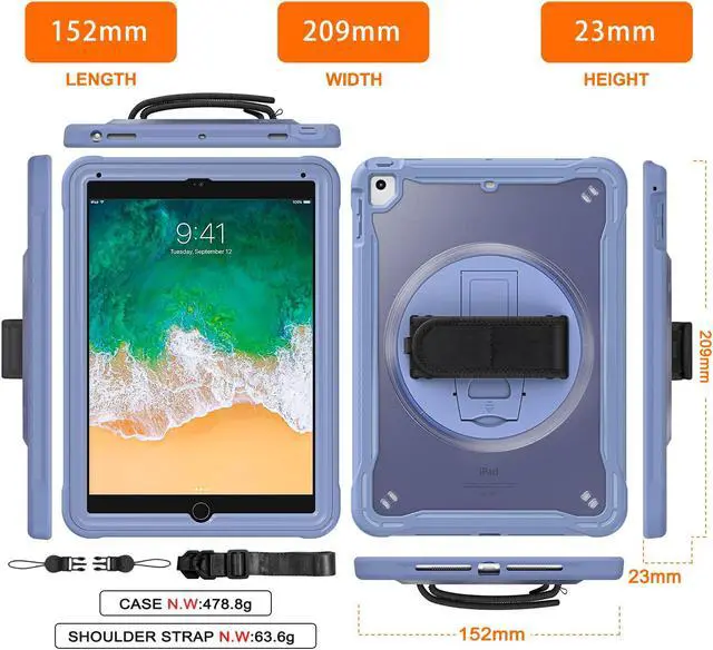 Alt view image 7 of 7 - Case For iPad 6th 5th Generation, iPad 9.7 Inch 2018 2017, iPad Air 2, iPad Pro 9.7 Shcokproof Cover with Transparent Back, Pencil Holder, Rotating Stand, Hand/Shoulder Strap, Stylus Pen Lavender