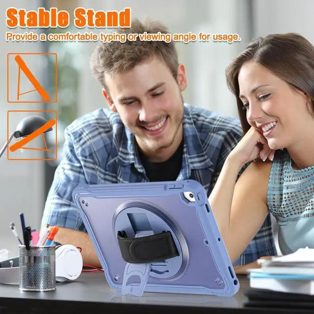 Alt view image 5 of 7 - Case For iPad 6th 5th Generation, iPad 9.7 Inch 2018 2017, iPad Air 2, iPad Pro 9.7 Shcokproof Cover with Transparent Back, Pencil Holder, Rotating Stand, Hand/Shoulder Strap, Stylus Pen Lavender