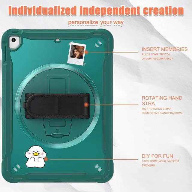 Alt view image 4 of 7 - Case For iPad 6th 5th Generation, iPad 9.7 Inch 2018 2017, iPad Air 2, iPad Pro 9.7 Shcokproof Cover with Transparent Back, Pencil Holder, Rotating Stand, Hand/Shoulder Strap, Stylus Pen Dark Green