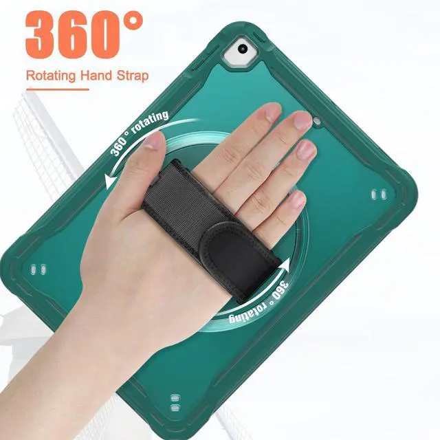 Alt view image 5 of 7 - Case For iPad 6th 5th Generation, iPad 9.7 Inch 2018 2017, iPad Air 2, iPad Pro 9.7 Shcokproof Cover with Transparent Back, Pencil Holder, Rotating Stand, Hand/Shoulder Strap, Stylus Pen Dark Green