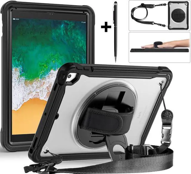 Main image of Case For iPad 9th 8th 7th Generation 10.2 inch 2021 2020 2019 Shcokproof Cover with Transparent Back, Pencil Holder, Rotating Stand, Hand/Shoulder Strap, Stylus Pen