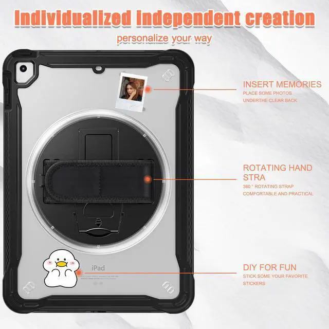 Alt view image 7 of 7 - Case For iPad 9th 8th 7th Generation 10.2 inch 2021 2020 2019 Shcokproof Cover with Transparent Back, Pencil Holder, Rotating Stand, Hand/Shoulder Strap, Stylus Pen