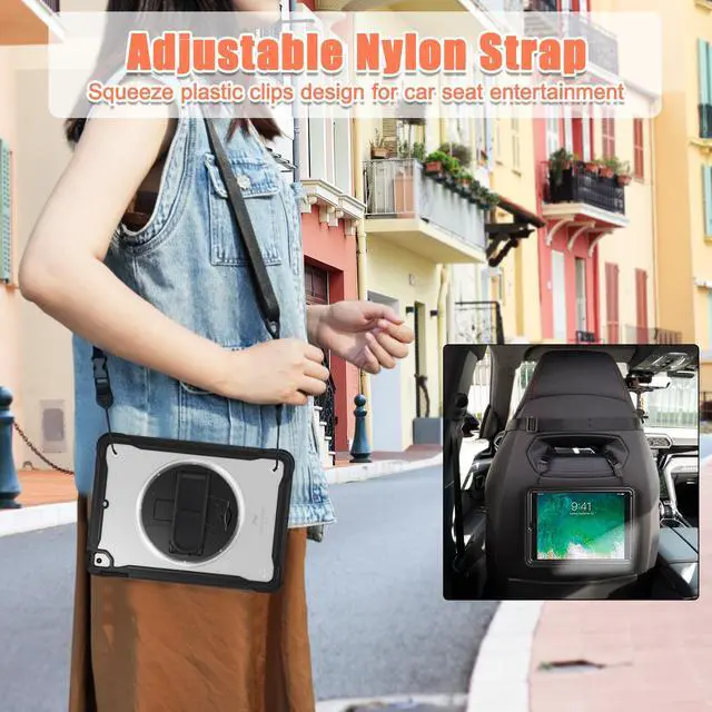 Alt view image 6 of 7 - Case For iPad 9th 8th 7th Generation 10.2 inch 2021 2020 2019 Shcokproof Cover with Transparent Back, Pencil Holder, Rotating Stand, Hand/Shoulder Strap, Stylus Pen