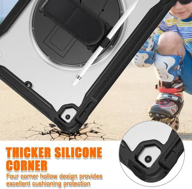 Alt view image 2 of 7 - Case For iPad 9th 8th 7th Generation 10.2 inch 2021 2020 2019 Shcokproof Cover with Transparent Back, Pencil Holder, Rotating Stand, Hand/Shoulder Strap, Stylus Pen