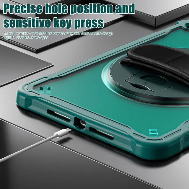 Alt view image 3 of 7 - Case For iPad 9th 8th 7th Generation 10.2 inch 2021 2020 2019 Shcokproof Cover with Transparent Back, Pencil Holder, Rotating Stand, Hand/Shoulder Strap, Stylus Pen Dark Green