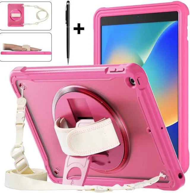 Main image of Case For iPad 9th 8th 7th Generation 10.2 inch 2021 2020 2019 Shcokproof Cover with Transparent Back, Pencil Holder, Rotating Stand, Hand/Shoulder Strap, Stylus Pen Rose Red