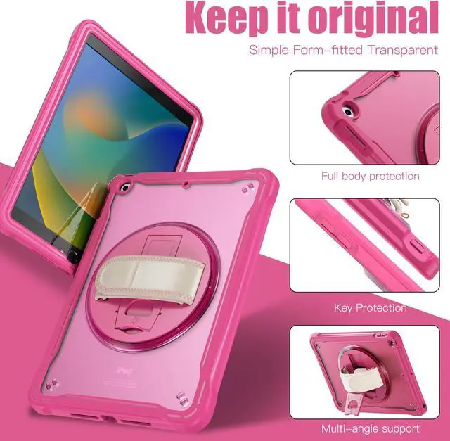 Alt view image 6 of 7 - Case For iPad 9th 8th 7th Generation 10.2 inch 2021 2020 2019 Shcokproof Cover with Transparent Back, Pencil Holder, Rotating Stand, Hand/Shoulder Strap, Stylus Pen Rose Red