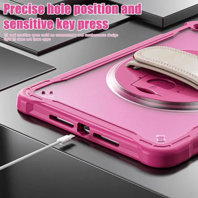 Alt view image 3 of 7 - Case For iPad 9th 8th 7th Generation 10.2 inch 2021 2020 2019 Shcokproof Cover with Transparent Back, Pencil Holder, Rotating Stand, Hand/Shoulder Strap, Stylus Pen Rose Red