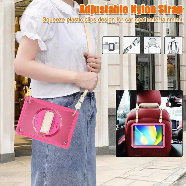 Alt view image 7 of 7 - Case For iPad 9th 8th 7th Generation 10.2 inch 2021 2020 2019 Shcokproof Cover with Transparent Back, Pencil Holder, Rotating Stand, Hand/Shoulder Strap, Stylus Pen Rose Red