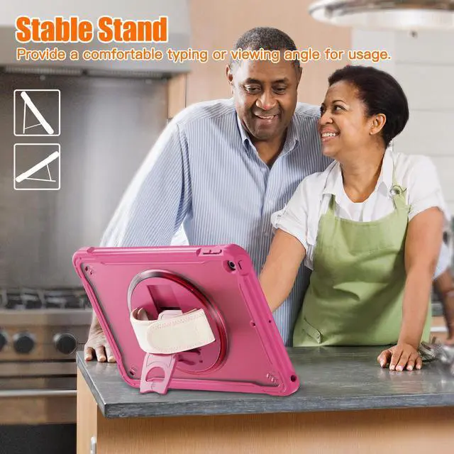 Alt view image 2 of 7 - Case For iPad 9th 8th 7th Generation 10.2 inch 2021 2020 2019 Shcokproof Cover with Transparent Back, Pencil Holder, Rotating Stand, Hand/Shoulder Strap, Stylus Pen Rose Red