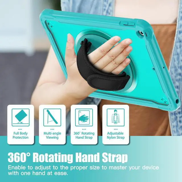 Alt view image 3 of 7 - Case For iPad 9th 8th 7th Generation 10.2 inch 2021 2020 2019 Shcokproof Cover with Transparent Back, Pencil Holder, Rotating Stand, Hand/Shoulder Strap, Stylus Pen Blue