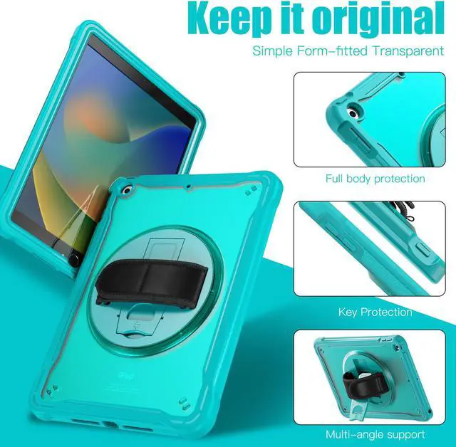 Alt view image 6 of 7 - Case For iPad 9th 8th 7th Generation 10.2 inch 2021 2020 2019 Shcokproof Cover with Transparent Back, Pencil Holder, Rotating Stand, Hand/Shoulder Strap, Stylus Pen Blue