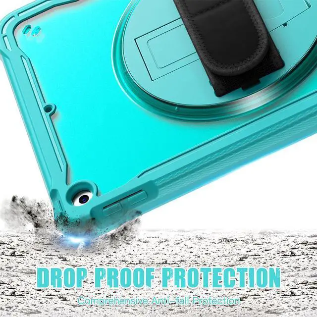 Alt view image 5 of 7 - Case For iPad 9th 8th 7th Generation 10.2 inch 2021 2020 2019 Shcokproof Cover with Transparent Back, Pencil Holder, Rotating Stand, Hand/Shoulder Strap, Stylus Pen Blue