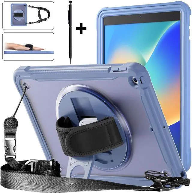 Main image of Case For iPad 9th 8th 7th Generation 10.2 inch 2021 2020 2019 Shcokproof Cover with Transparent Back, Pencil Holder, Rotating Stand, Hand/Shoulder Strap, Stylus Pen Lavender