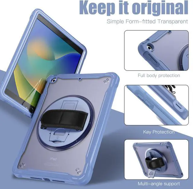 Alt view image 2 of 7 - Case For iPad 9th 8th 7th Generation 10.2 inch 2021 2020 2019 Shcokproof Cover with Transparent Back, Pencil Holder, Rotating Stand, Hand/Shoulder Strap, Stylus Pen Lavender