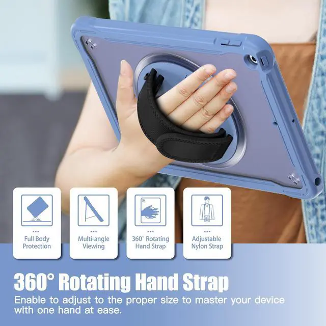 Alt view image 5 of 7 - Case For iPad 9th 8th 7th Generation 10.2 inch 2021 2020 2019 Shcokproof Cover with Transparent Back, Pencil Holder, Rotating Stand, Hand/Shoulder Strap, Stylus Pen Lavender