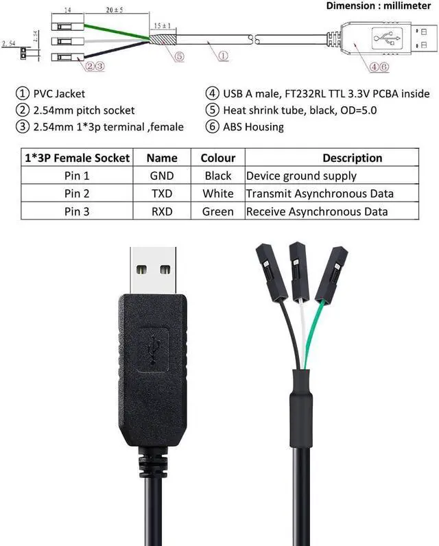 Alt view image 2 of 5 - DTech FTDI USB to TTL Serial 3.3V Adapter Cable TX RX Signal 3 Pin 0.1 inch Pitch Female Socket FT232RL Chip Windows 11 10 8 7 Linux MAC OS (3ft, Black) 3 ft.