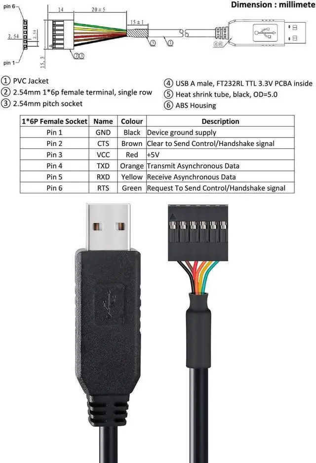 Alt view image 3 of 7 - FTDI USB to TTL Serial 3.3V Adapter Cable 6 Pin 0.1 inch Pitch Female Socket Header UART IC FT232RL Chip Windows 11 10 8 7 Linux