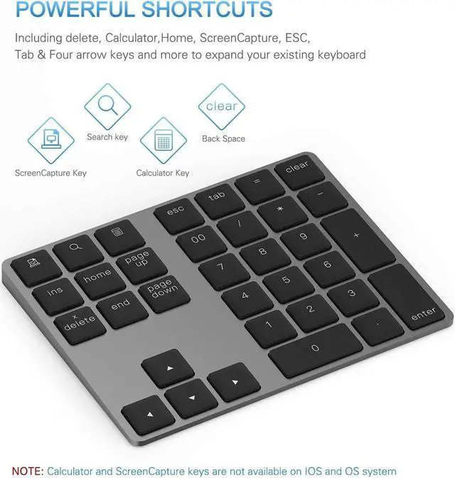 Alt view image 4 of 7 - Bluetooth Number Pad, Aluminum Rechargeable Wireless Numeric Keypad Slim 34-Keys External Numpad Keyboard Data Entry Compatible for Macbook, MacBook Air/Pro, iMac Windows Laptop Surface Pro etc