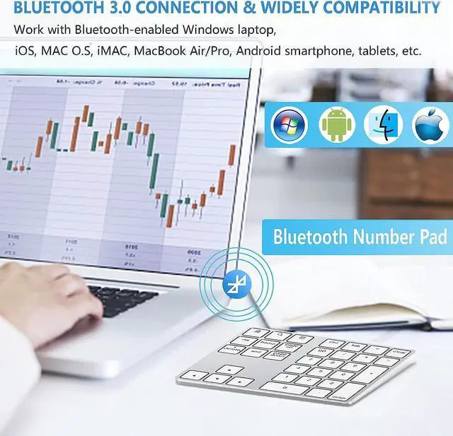 Alt view image 3 of 7 - Bluetooth Number Pad, Aluminum Rechargeable Wireless Numeric Keypad Slim 34-Keys External Numpad Keyboard Data Entry Compatible for Macbook, MacBook Air/Pro, iMac Windows Laptop Surface Pro etc White