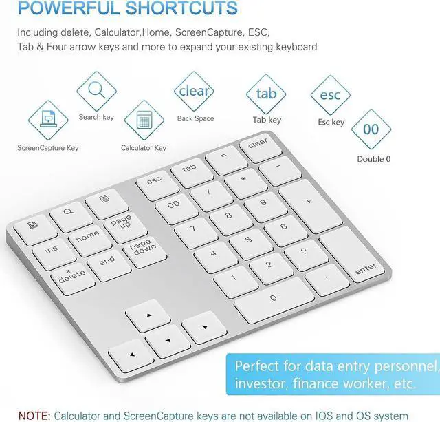 Alt view image 4 of 7 - Bluetooth Number Pad, Aluminum Rechargeable Wireless Numeric Keypad Slim 34-Keys External Numpad Keyboard Data Entry Compatible for Macbook, MacBook Air/Pro, iMac Windows Laptop Surface Pro etc White