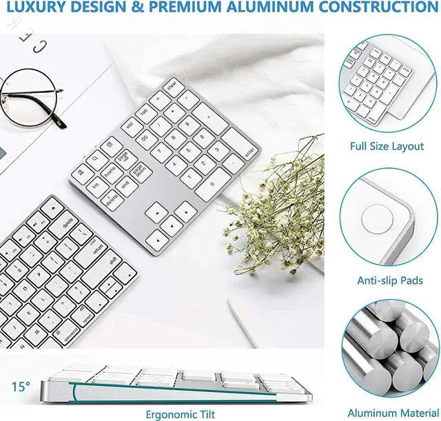 Alt view image 2 of 7 - Bluetooth Number Pad, Aluminum Rechargeable Wireless Numeric Keypad Slim 34-Keys External Numpad Keyboard Data Entry Compatible for Macbook, MacBook Air/Pro, iMac Windows Laptop Surface Pro etc White