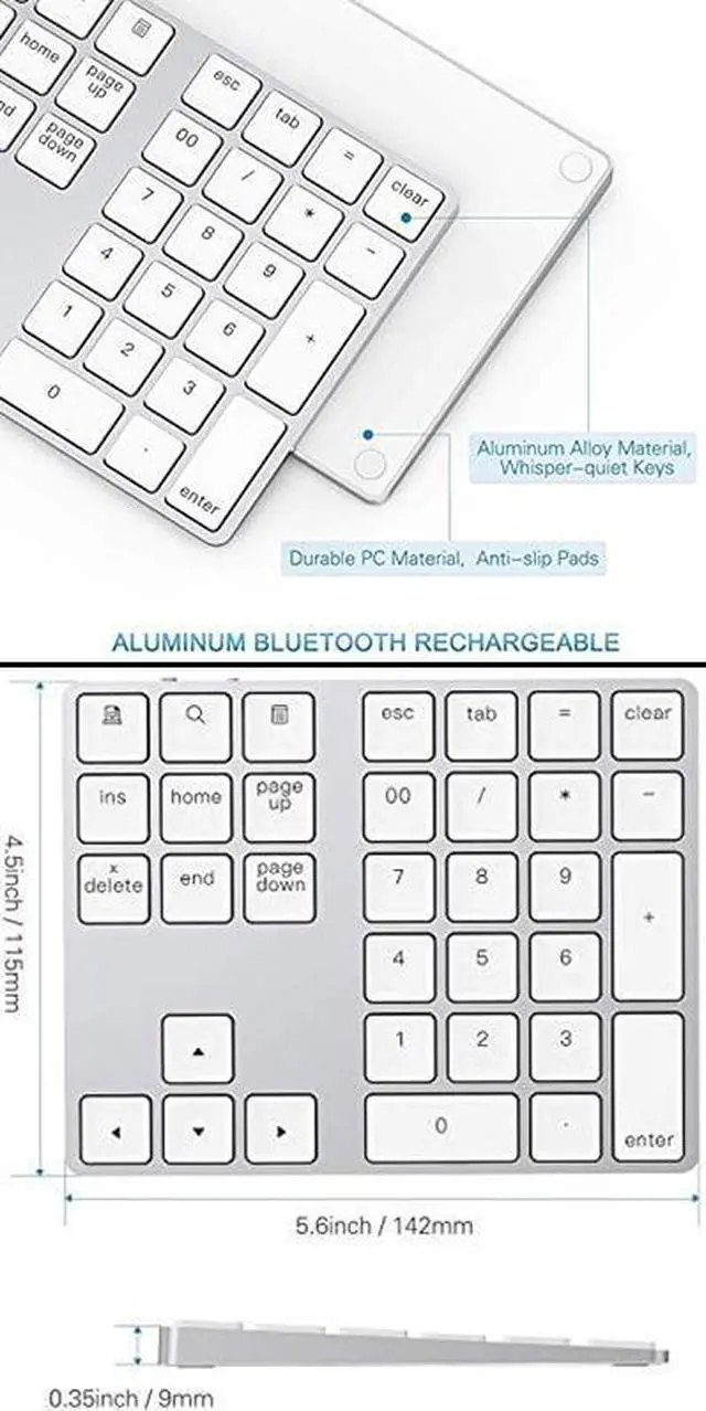Alt view image 6 of 7 - Bluetooth Number Pad, Aluminum Rechargeable Wireless Numeric Keypad Slim 34-Keys External Numpad Keyboard Data Entry Compatible for Macbook, MacBook Air/Pro, iMac Windows Laptop Surface Pro etc White
