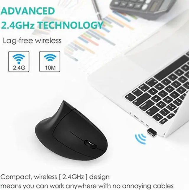 Alt view image 2 of 7 - Ergonomic Mouse, Vertical Wireless Mouse - Rechargeable 2.4GHz Optical Vertical Mice : 3 Adjustable DPI 800/1200/1600 Levels 6 Buttons, for Laptop, PC, Computer, Desktop, Notebook etc, Black