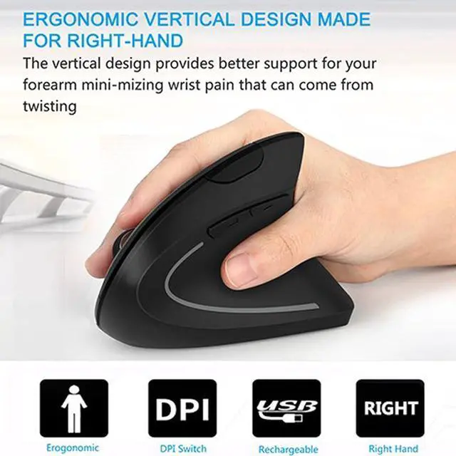 Alt view image 7 of 7 - Ergonomic Mouse, Vertical Wireless Mouse - Rechargeable 2.4GHz Optical Vertical Mice : 3 Adjustable DPI 800/1200/1600 Levels 6 Buttons, for Laptop, PC, Computer, Desktop, Notebook etc, Black