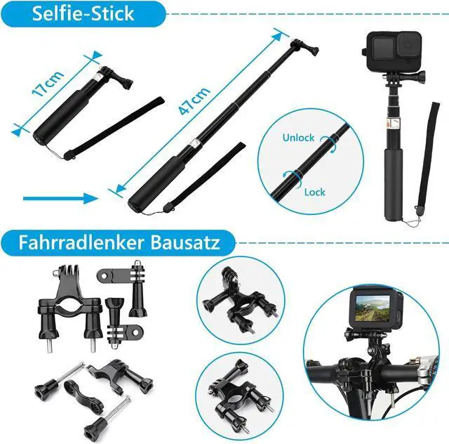Alt view image 7 of 7 - Accessory Set Kit Bundle for GoPro Hero 12/11/10/9 Black, Waterproof Protective Case Waterproof Housing Snorkelling Accessories Bicycle Mount Selfie Bar Head Strap for GoPro Hero 9 10 11 12