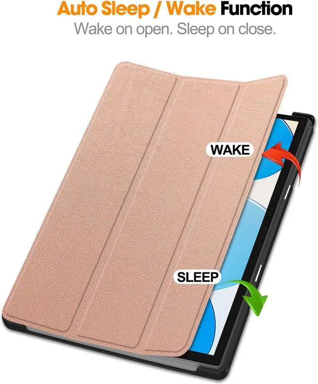Alt view image 2 of 7 - Case for Teclast M40 / M40 Pro / P20S / P20HD, Tri fold Slim Lightweight Hard Shell Smart Protective Cover with Multi-Angle Stand, Universal Stylus Pen Rose Gold