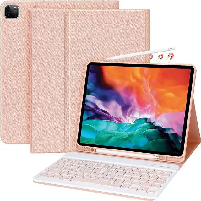Main image of Wireless Keyboard Case for iPad Pro 12.9 inch 2022 2021 2020 2018 6th / 5th / 4th / 3th Generation, Slim Protective Cover with Detachable Keyboard, Pencil Holder Pink