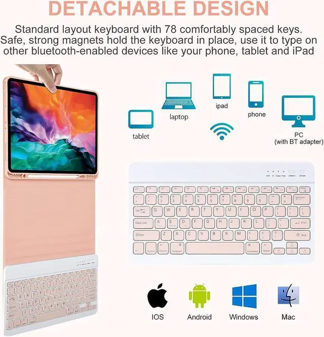 Alt view image 5 of 7 - Wireless Keyboard Case for iPad Pro 12.9 inch 2022 2021 2020 2018 6th / 5th / 4th / 3th Generation, Slim Protective Cover with Detachable Keyboard, Pencil Holder Pink