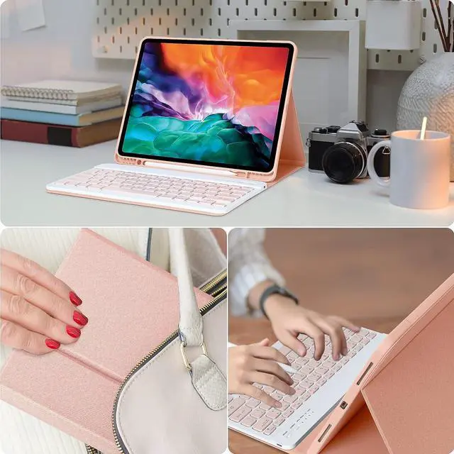 Alt view image 7 of 7 - Wireless Keyboard Case for iPad Pro 12.9 inch 2022 2021 2020 2018 6th / 5th / 4th / 3th Generation, Slim Protective Cover with Detachable Keyboard, Pencil Holder Pink