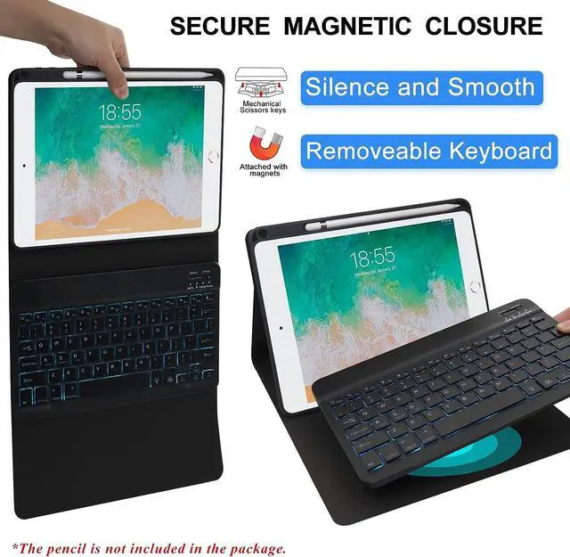 Alt view image 6 of 7 - Keyboard case for iPad 5th/6th Generation 2017/2018, 9.7 Inch iPad Air 2 / Air 1 Case with Keyboard, Removable Wireless Backlit Keyboard Detachable, Folio Smart Cover, Tablet Case with Pencil Holder