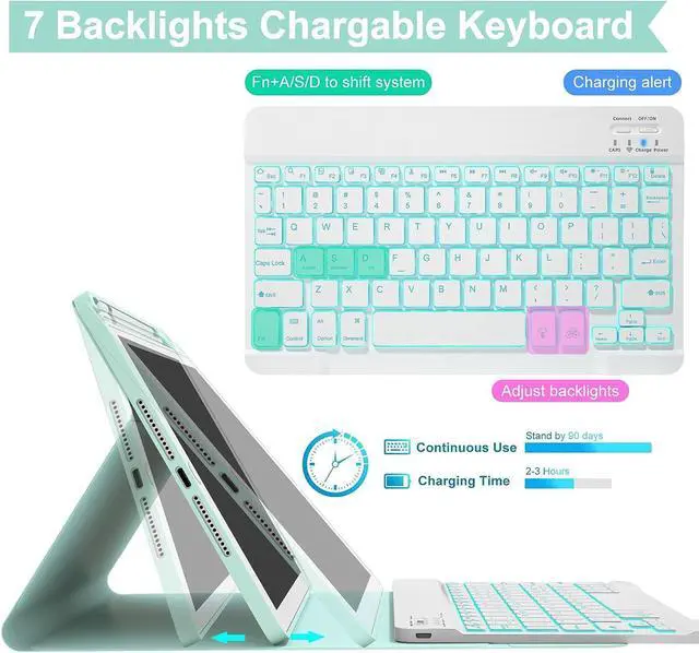 Alt view image 4 of 7 - Keyboard case for iPad 5th/6th Generation 2017/2018, 9.7 Inch iPad Air 2 / Air 1 Case with Keyboard, Removable Wireless Backlit Keyboard Detachable, Folio Smart Cover, Tablet Case with Pencil Holder