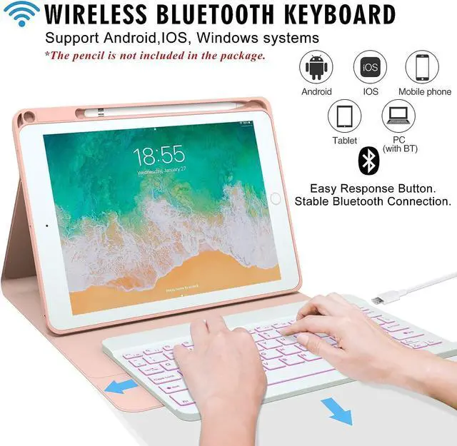 Alt view image 3 of 7 - Keyboard case for iPad 5th/6th Generation 2017/2018, 9.7 Inch iPad Air 2 / Air 1 Case with Keyboard, Removable Wireless Backlit Keyboard Detachable, Folio Smart Cover, Tablet Case with Pencil Holder