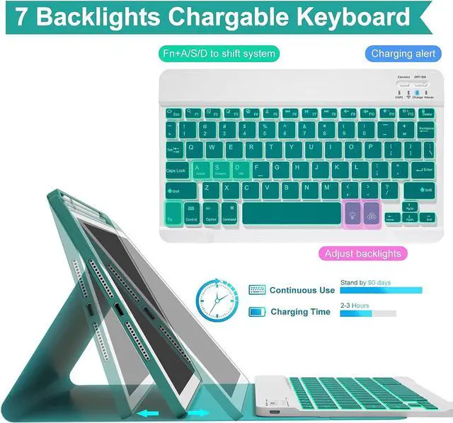 Alt view image 4 of 7 - Keyboard case for iPad 5th/6th Generation 2017/2018, 9.7 Inch iPad Air 2 / Air 1 Case with Keyboard, Removable Wireless Backlit Keyboard Detachable, Folio Smart Cover, Tablet Case with Pencil Holder