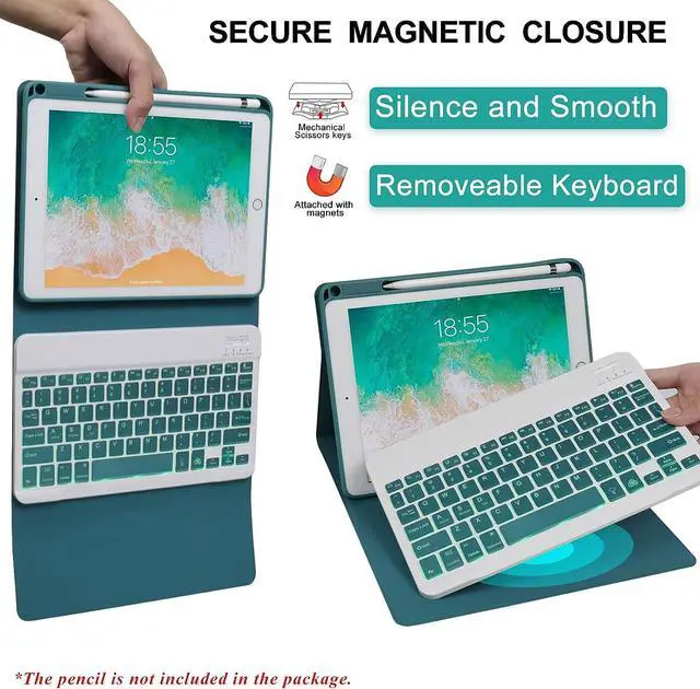 Alt view image 5 of 7 - Keyboard case for iPad 5th/6th Generation 2017/2018, 9.7 Inch iPad Air 2 / Air 1 Case with Keyboard, Removable Wireless Backlit Keyboard Detachable, Folio Smart Cover, Tablet Case with Pencil Holder